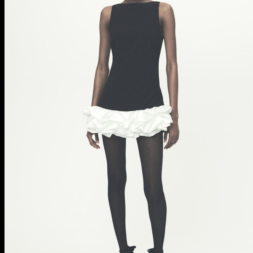 Zara Ruffle Bottom Contrast tank scoop back dress Chic Black White Ruffle Dress